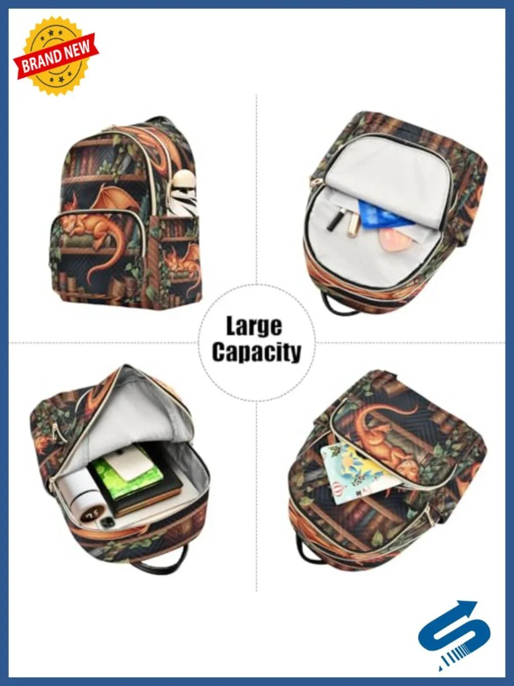Dragon Bookshelf Print Mini Backpack Polyester Travel Daypack 14L